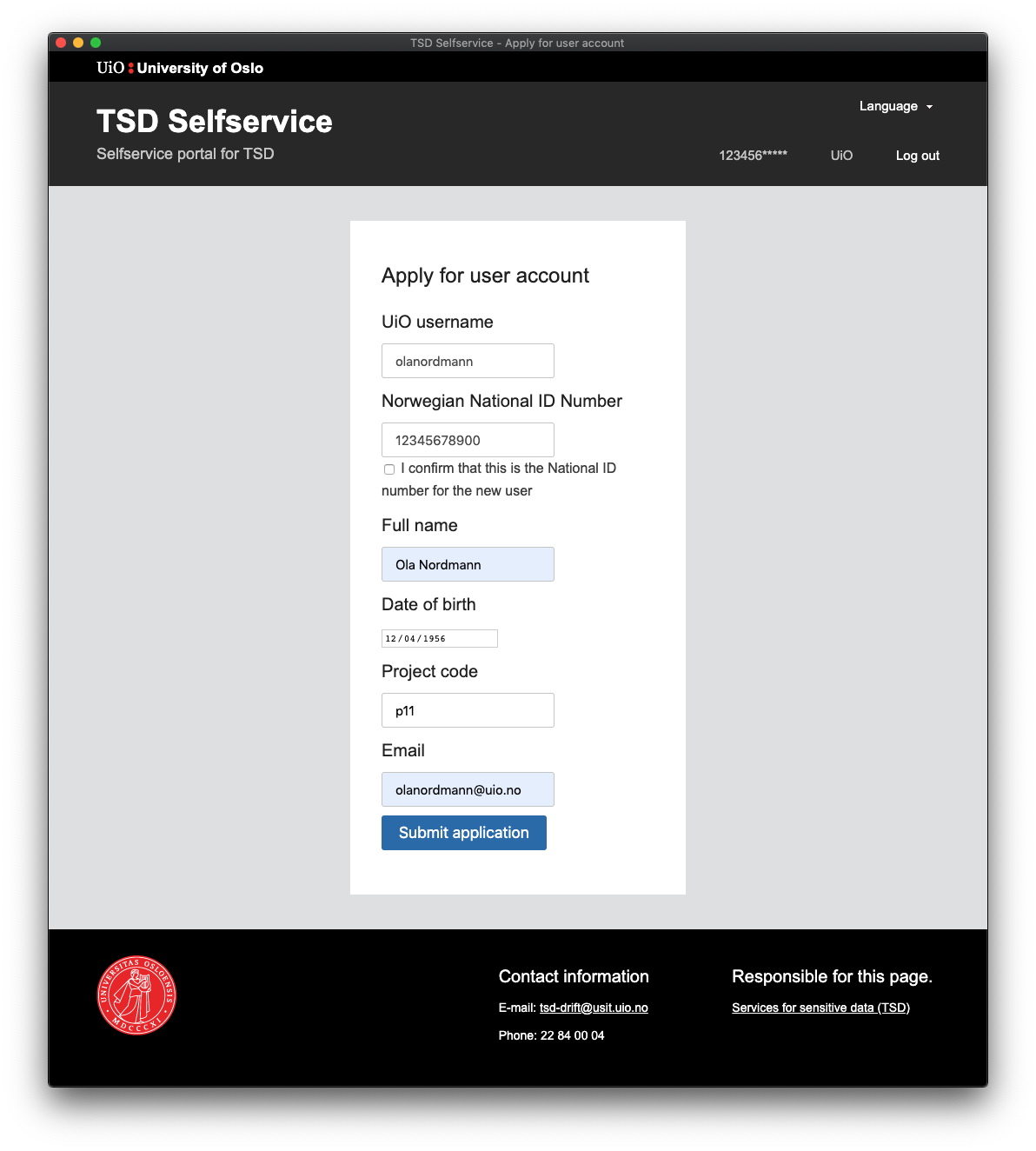 TSD user application for UiO affiliated user