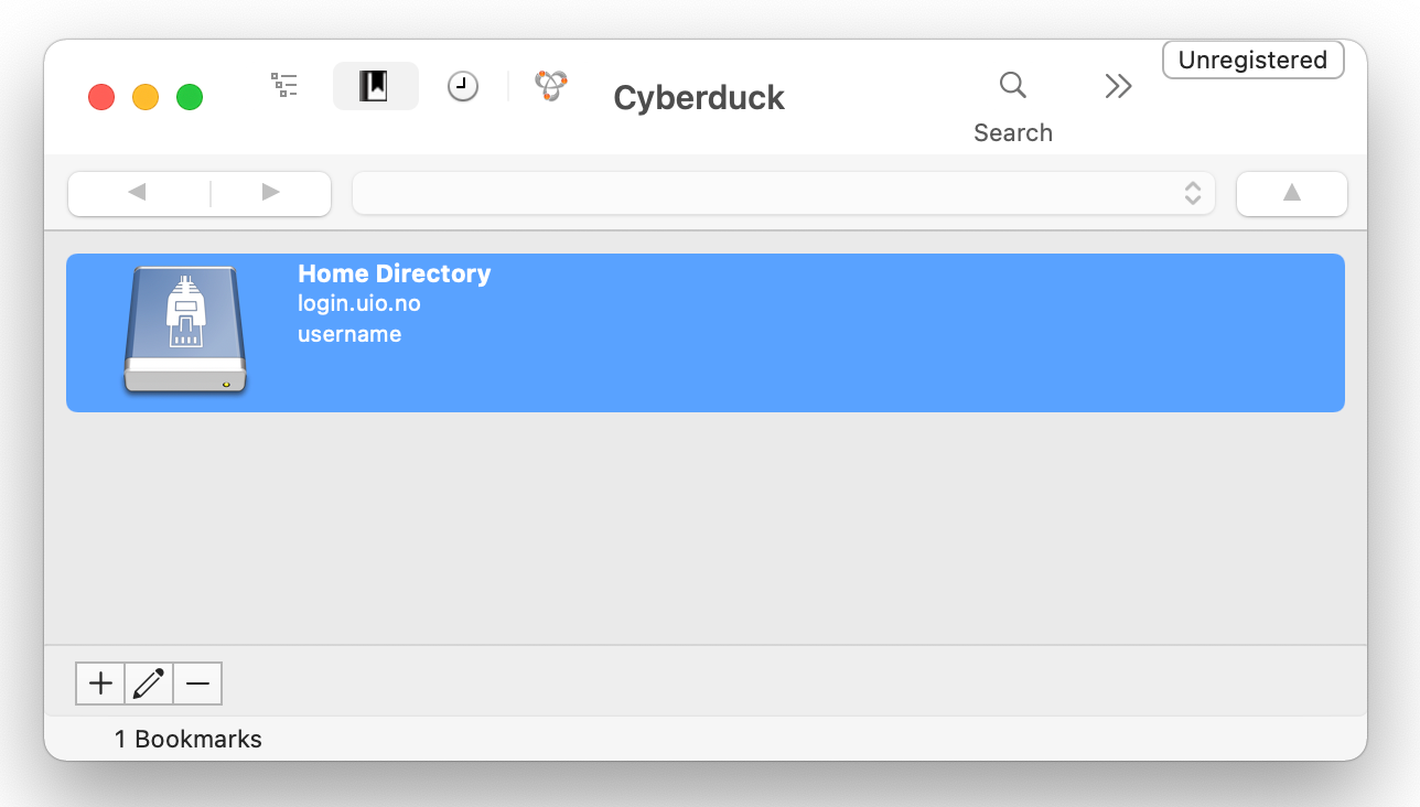Screenshot of the Cyberduck Bookmarks window with Home Directory 