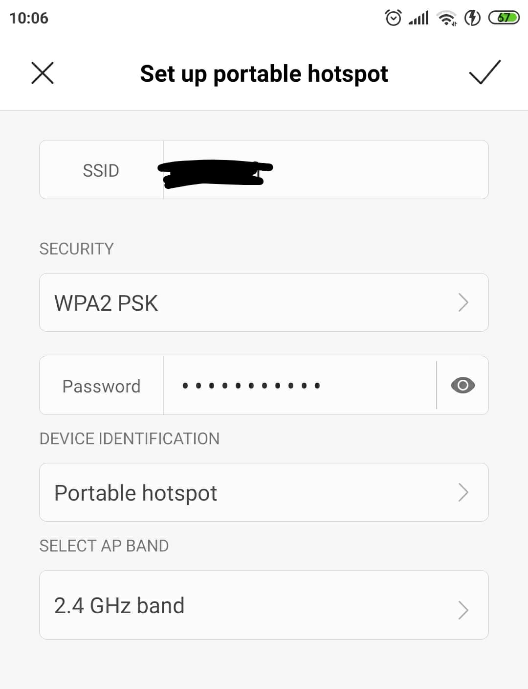 Screenshot of Android settings for how to set up a portable hotspot, specifically for SSID, WPA2 and password