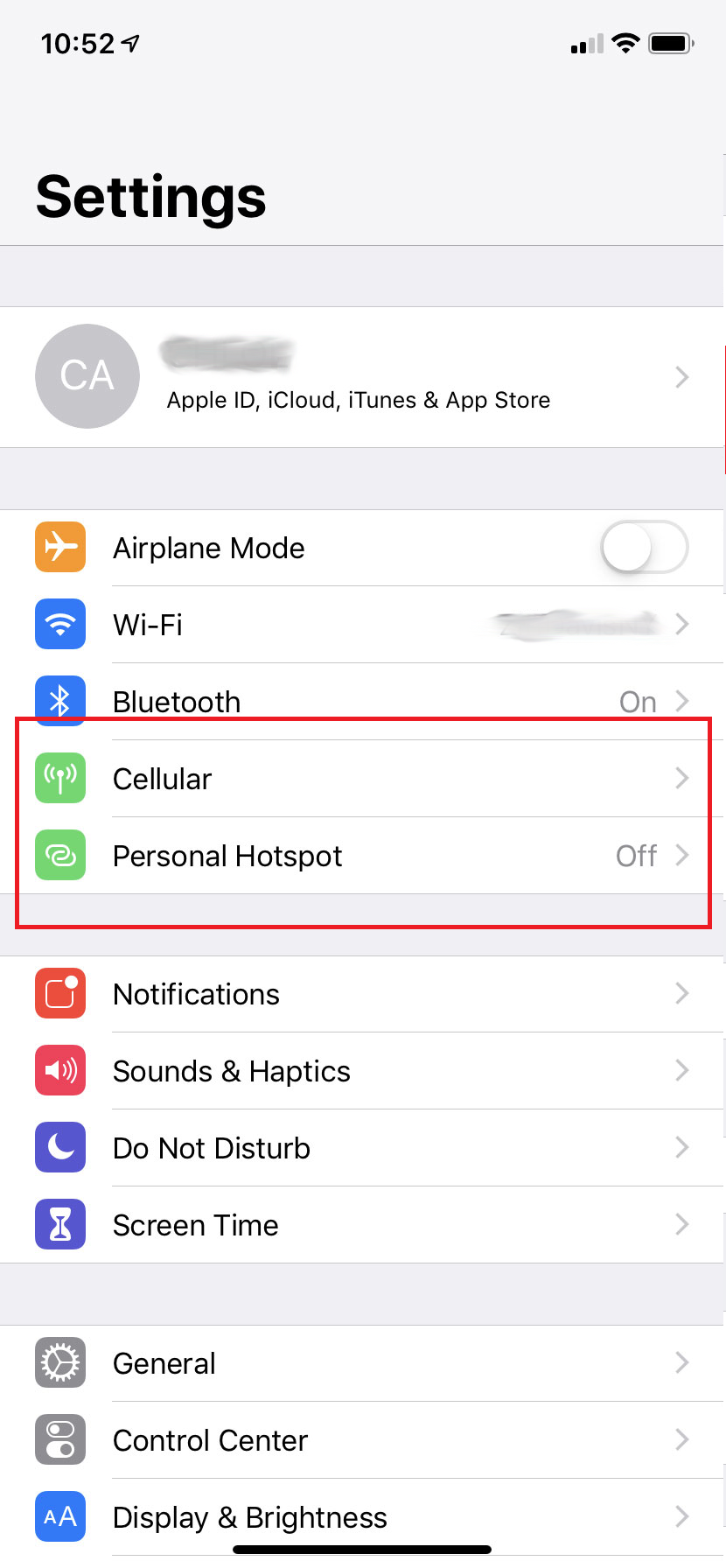 iOS settings showing where to change settings for Cellular and Personal Hotspot