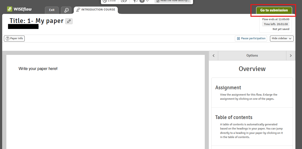 Screenshot of where to submit an exam in Wiseflow