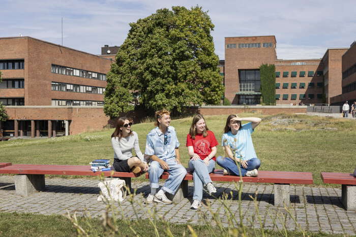 UiO studenter sittende på en benk med Fysikkbygningen i ryggen, omgitt av gressplen