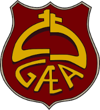 Logo til festforeningen "GÆA" som viser stilisert logo på et våpenskjold. Grafikk. 