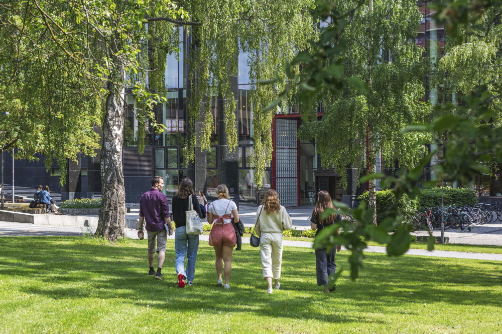 UiO students walking side by side away from the photographer.