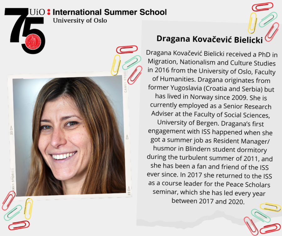 Smiling photo of web-series host, Dragana with logo for 75th Anniversary of ISS, and a short bio of the host.