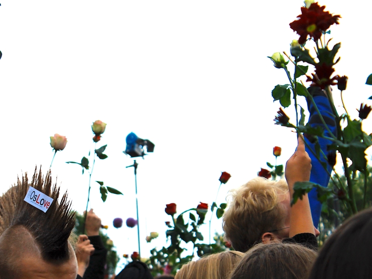 Image of 2011 Rose March in Oslo, Image of many people holding different colored roses in the air