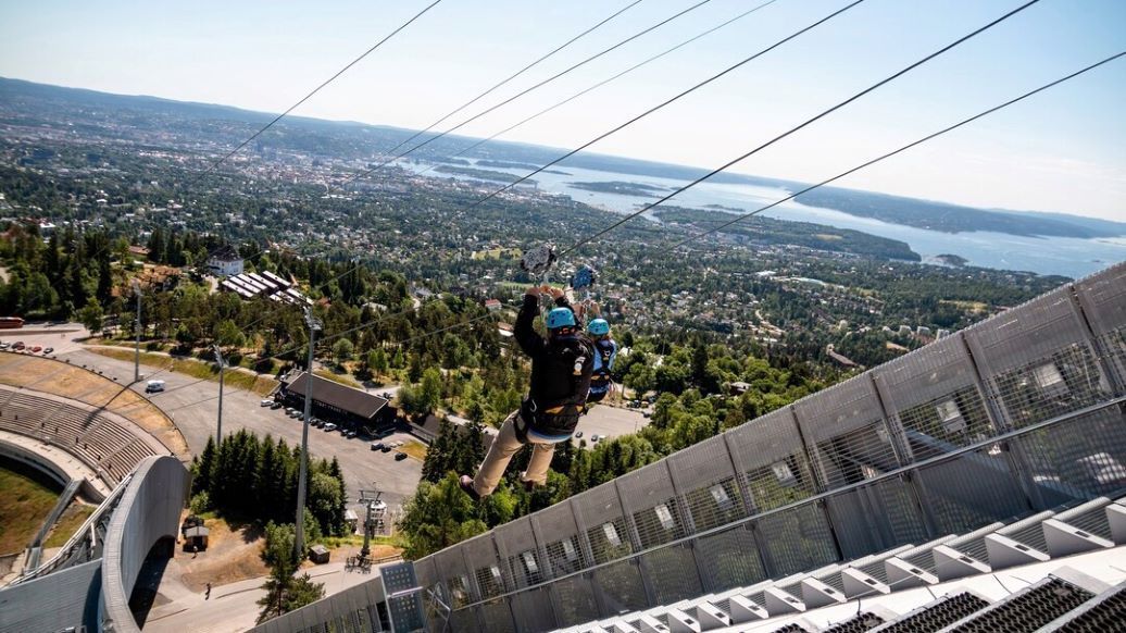 Zipline from Holmenkollen skijump with amazing views over Oslo.