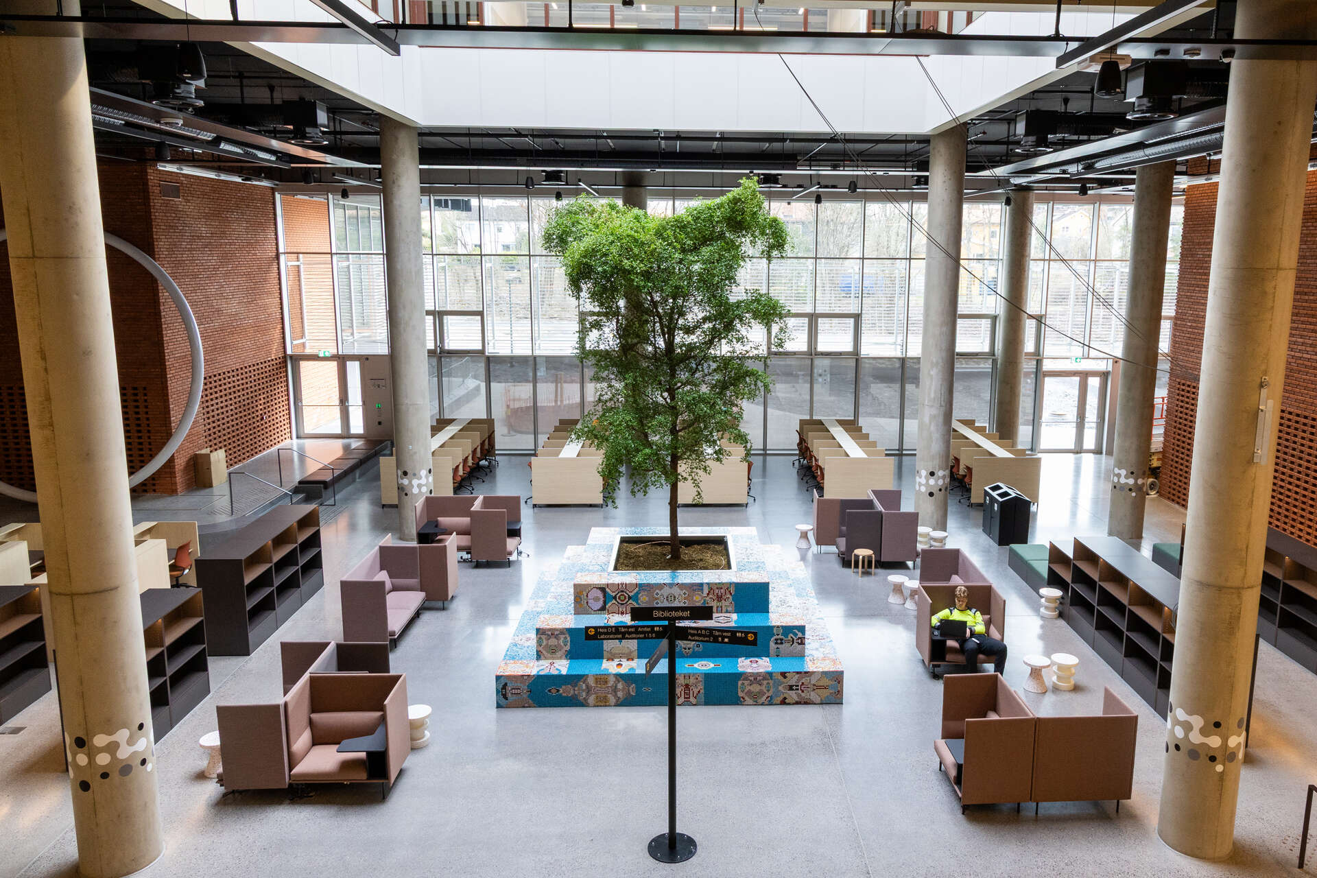 Atrium med glassvegg og et tre i midten