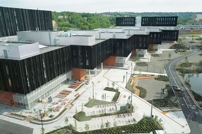 An aerial view of a large black building
