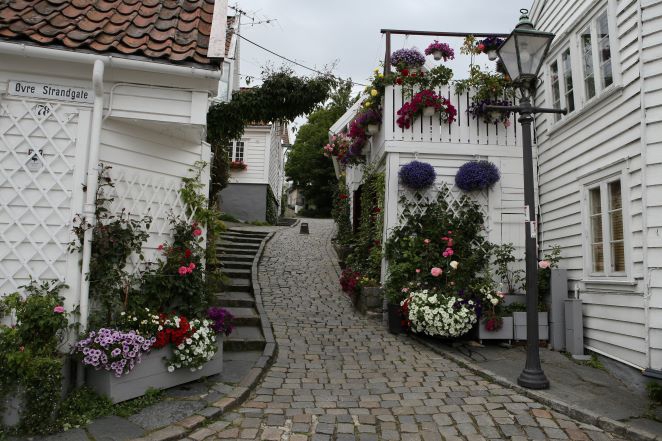 Bilde av en gate i Stavanger med brostein og blomster