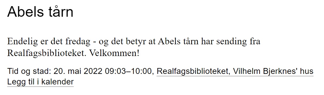 Utsnitt av arrangementsside som viser tittel, ingress, tidspunkt og sted. 