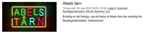 Eksempel på listevisning av arrangement med teaserbilde og ingress