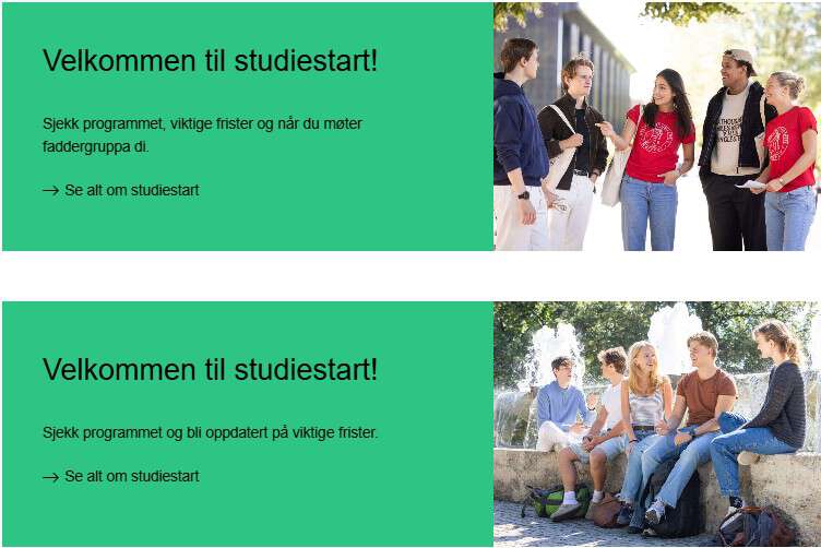 To ulike boks med tittelen "Velkommen til studiestart" og lenke til mer informasjon. Boksene har bilder av studenter.