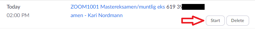 Skjermbilde av Start-knappen i uio.zoom.us