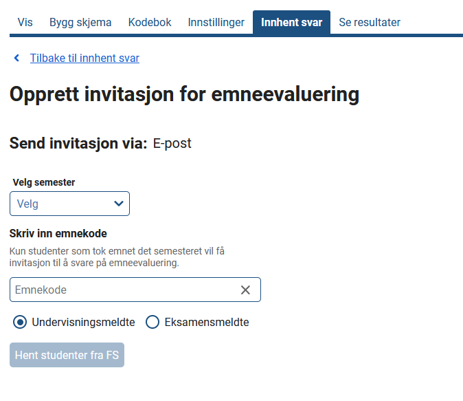 Bildet viser valgene for å hente studenter fra FS basert på semester og emne
