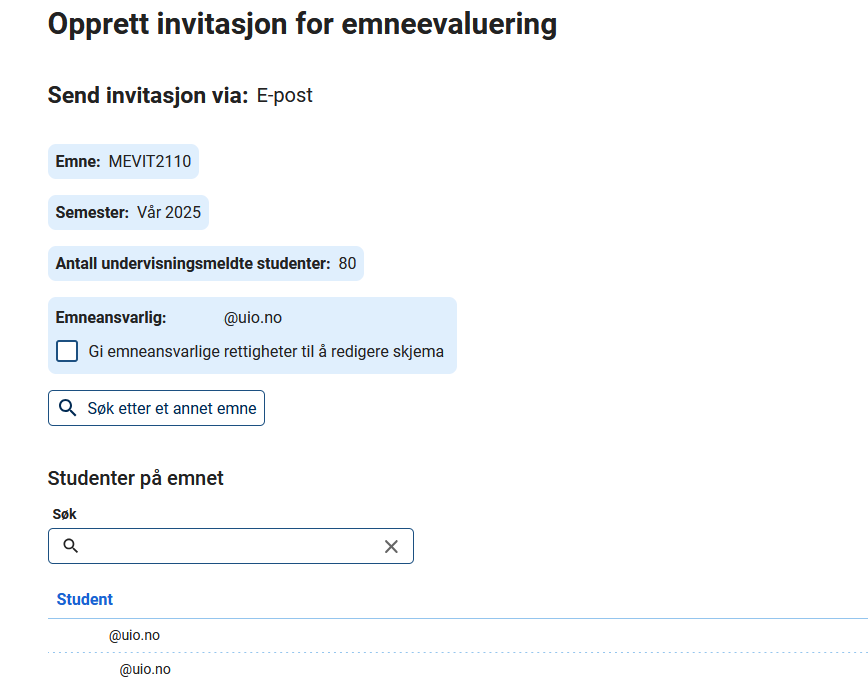 Bildet viser landingssiden når studenter er invitert fra FS