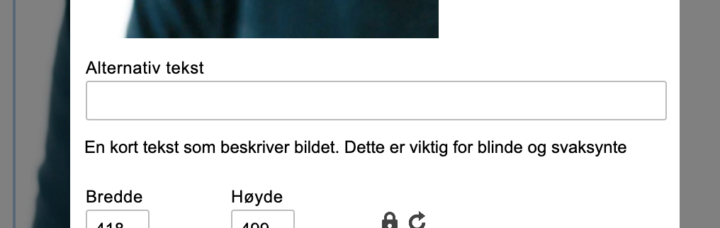 Tekstfelt «Alternativ tekst» i et redigeringsgrensesnitt.