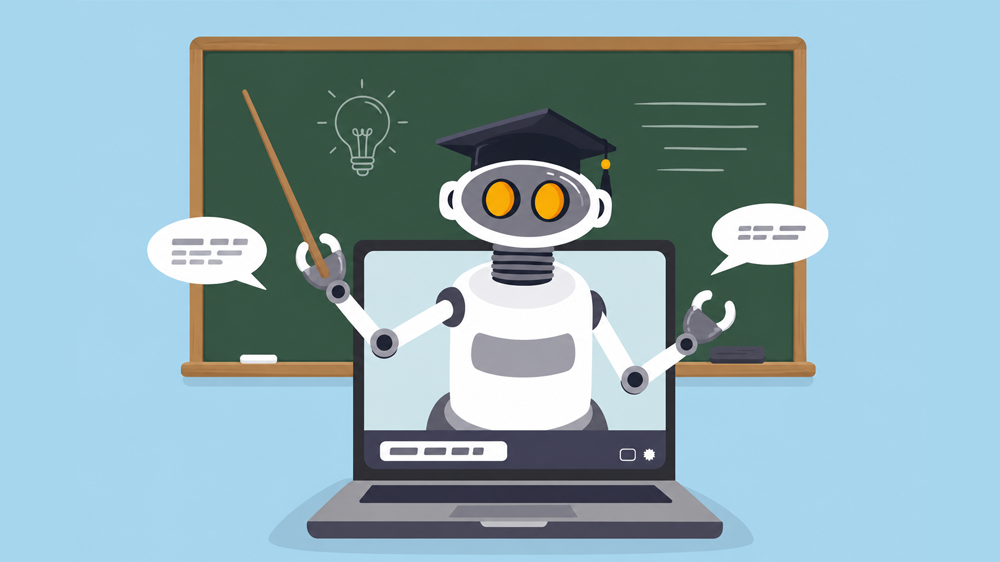 vektorbilde av robot med studentlue og pekestokk som kommer ut av en PC.