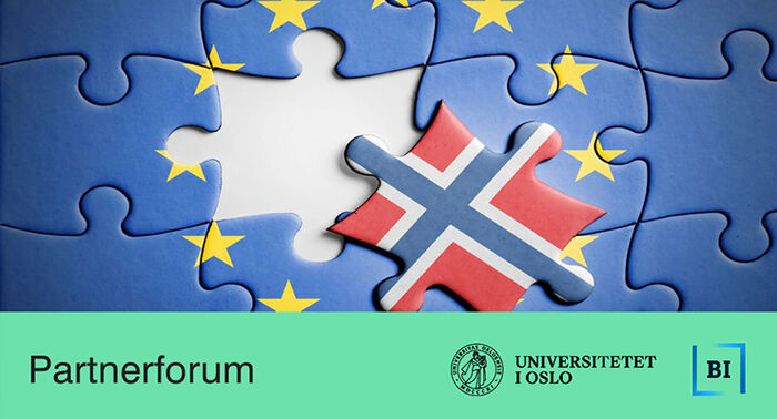 Illustrasjon av en puslebrikke med norsk flagg i et puslespill med illustrasjon av EUs flagg. Tekst: Partnerforum. Logoer: UiO og BI.
