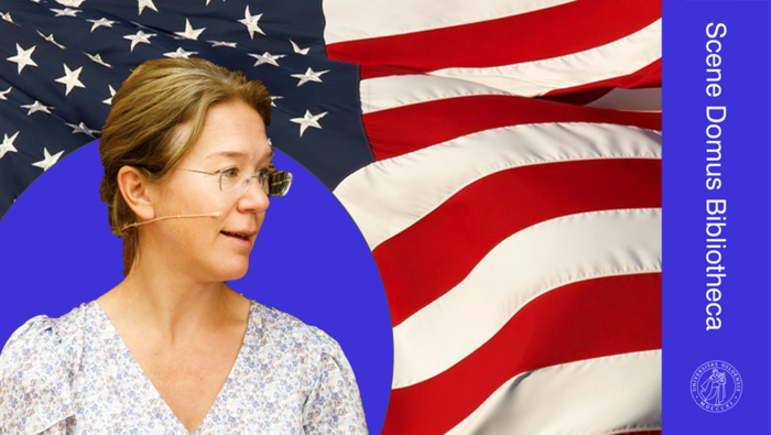 Anine Kierulf og det amerikanske flagget i bakgrunnen. 