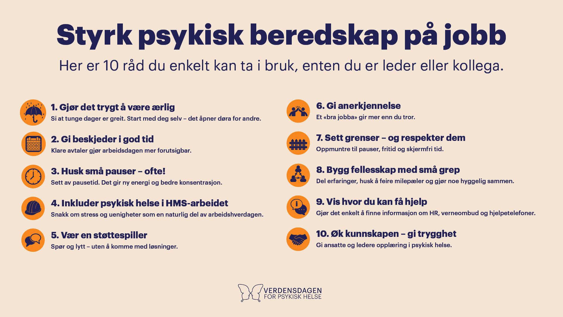 Plakat med ti råd for å styrke psykisk beredskap på jobb i forbindelse med Verdensdagen for psykisk helse.