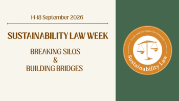 Bildet av teksten: ssustainability law week- 14-18 september: breaking silos & building bridges. Bilde av en skålvekt