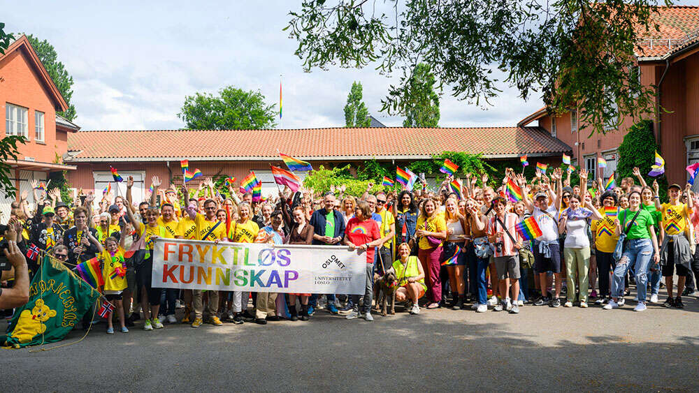 Bilde av en stor gruppe med mennesker med pride flagg
