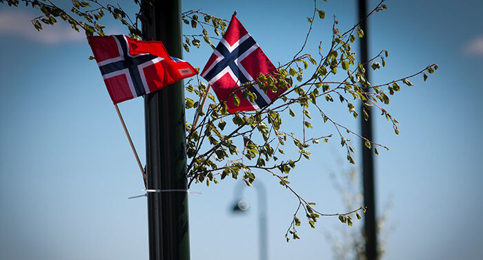 Blå himmel og to norske flagg med hvitt blomster.