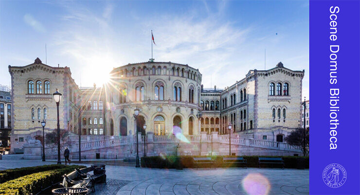 Stortinget i Oslo. Banner: Scene Domus Bibliotheca.