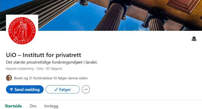 Skjermbilde av Institutt for privatrett sin LinkedIn-konto.