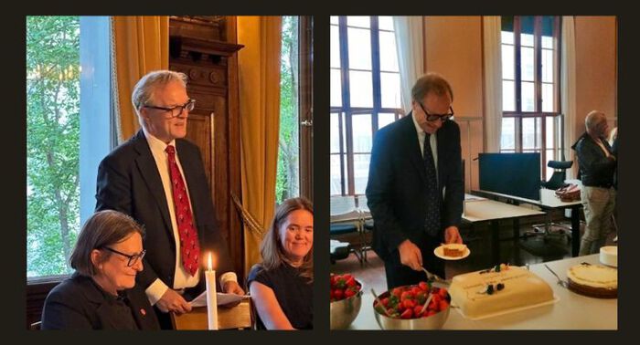 To bilder, det første av mann som holder takketale med to kvinner ved hver side, og mann som skjærer et kakestykke til seg selv.