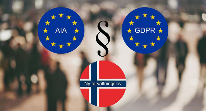 Foto av mennesker på gate og tre grafiske sirkler, to med EUs flagg og tekst: "AIA" og "GDPR", og en med et norsk flagg og tekst "Ny forvaltningslov".
