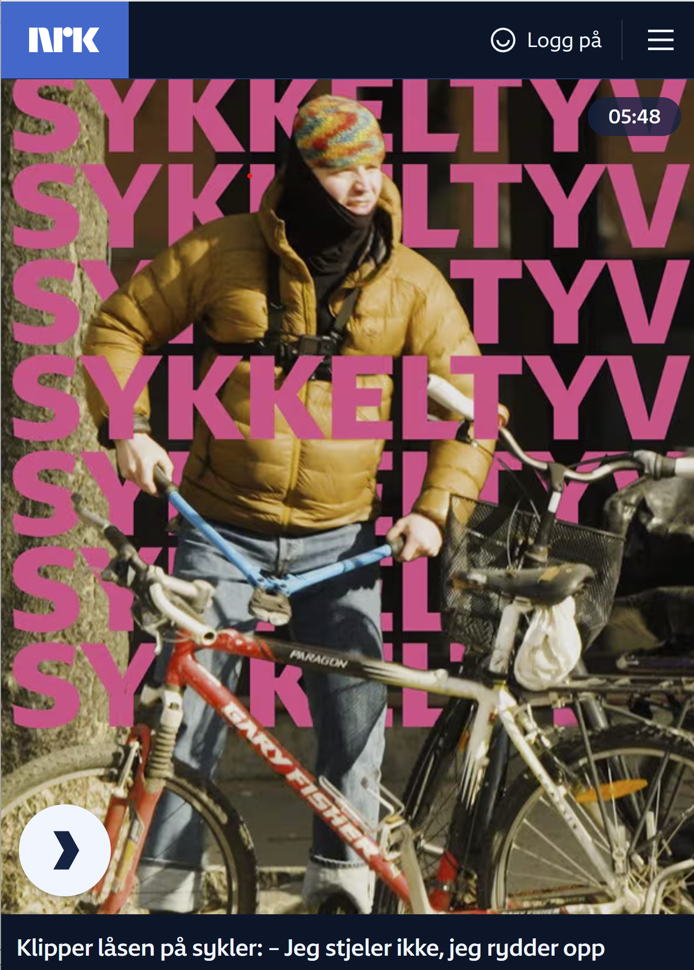Skjermbilde av sykkeltyv med rosatekst "sykkeltyv"