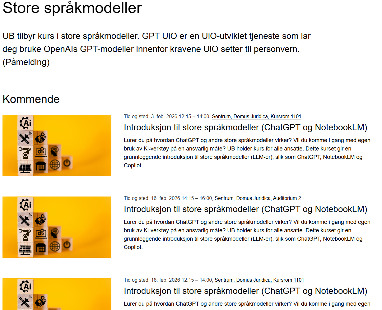 Skjermbilde av arrangementsoversikt.
