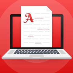 Rød bakgrunn og et ark med ord foran som kommer ut av laptopskjermen