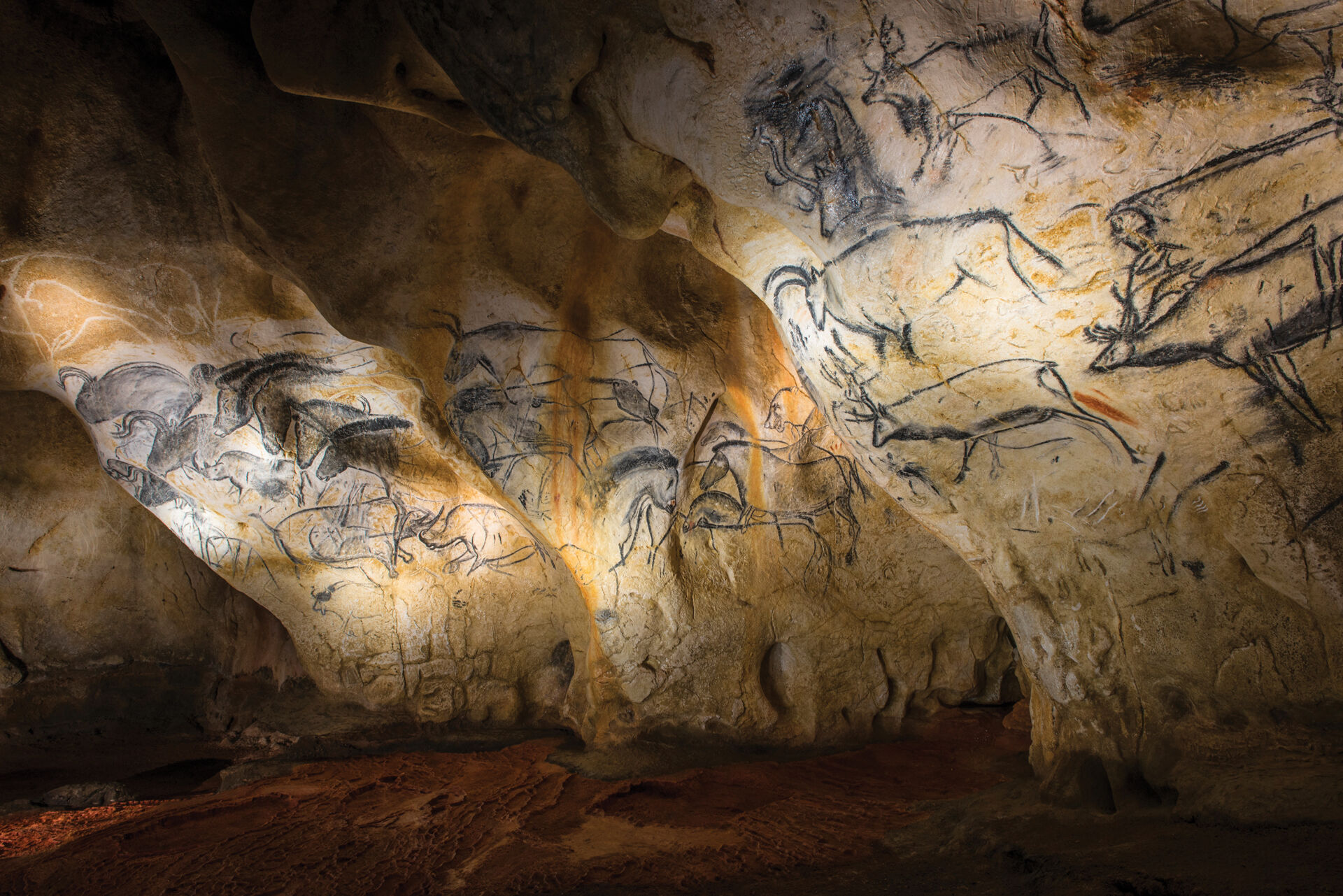 Bildene av en rekke dyr på den over 20 000 år gamle Lascaux-hulen i det sørvestlige Frankrike.