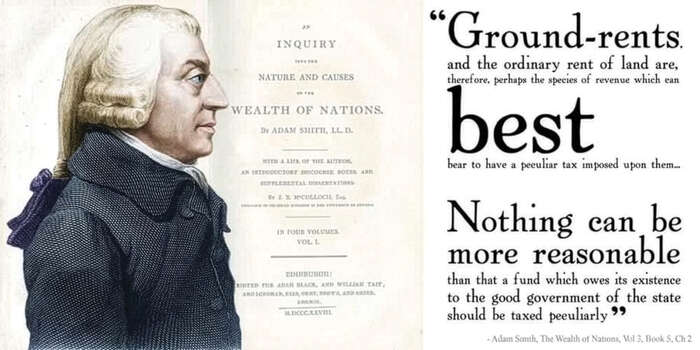 Bilde av Adam Smith i profil med utdrag fra Wealth of Nations om 'grunnleie*.