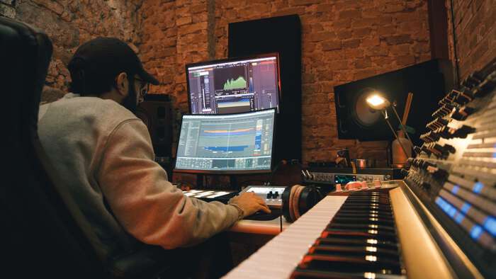 Person i musikkstudio foran skjermer og keyboard.