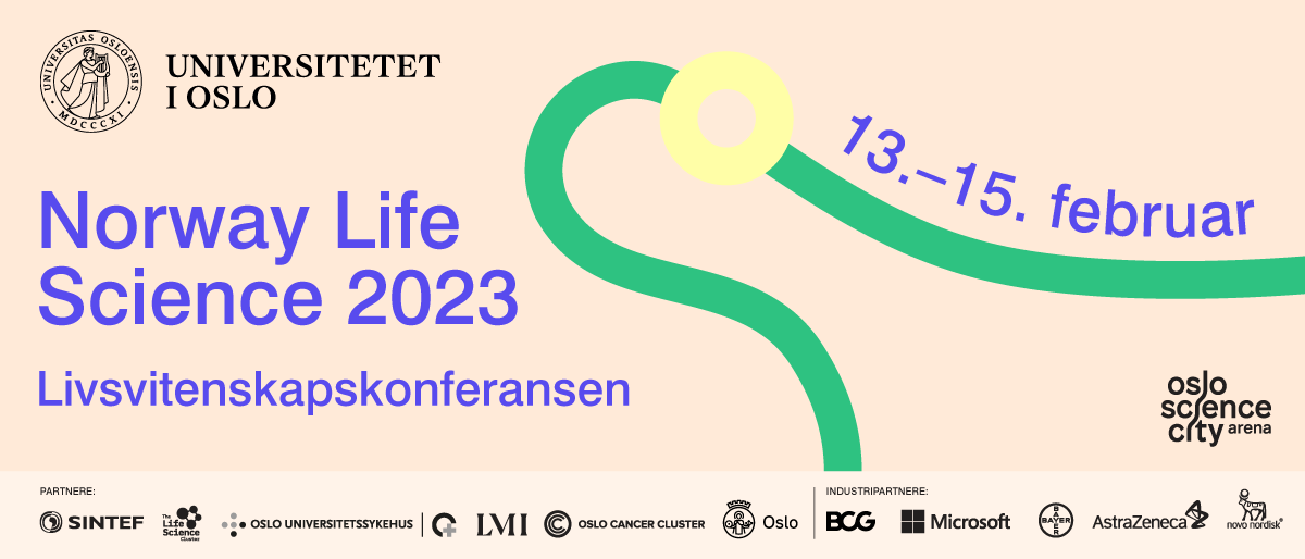 Konferansebanner med "Norway Life Science 2023" og "13. - 15. februar" i blå tekst på ferskenfarget bakgrunn