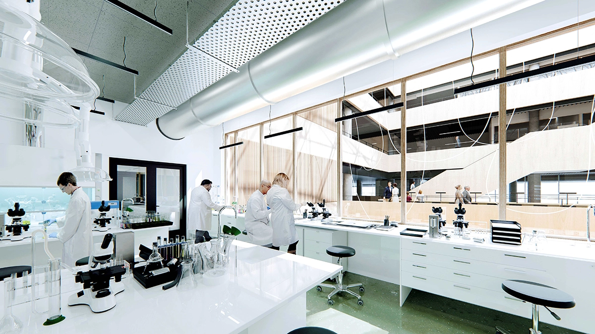 The illustration shows people working in a laboratory setting.