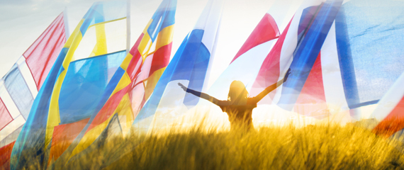 The Nordic flags and a person reach his arm up. Illustration.