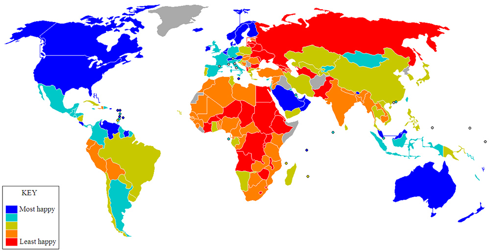 A map of the happiest countries in the world. 