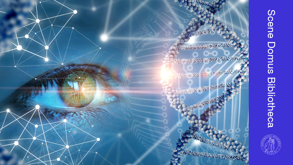 Et øye og en DNA-tråd med banner for Domus Bibliotheca