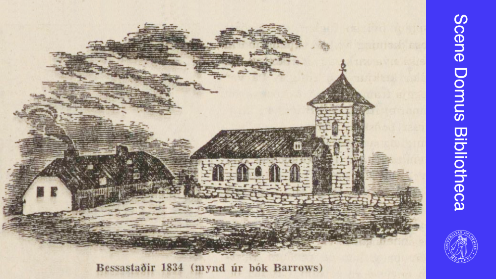 Bildet viser et gammelt tresnitt av bygningen Bessastadir i 1834. 