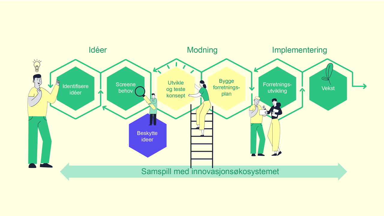 Illustrasjon av mulige trinn i innovasjonsprosessen: identifisere ideer, screene behov, utvikle og teste konsept, bygge forretningsplan, forretningsutvikling og vekst i samspill med innovasjonsøkosystemet.