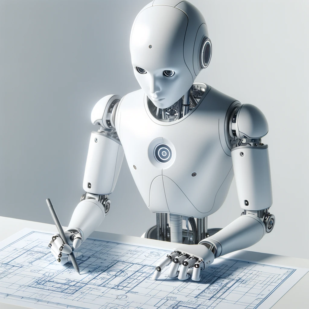 Bilde av en robot som tegner en byggeplan.