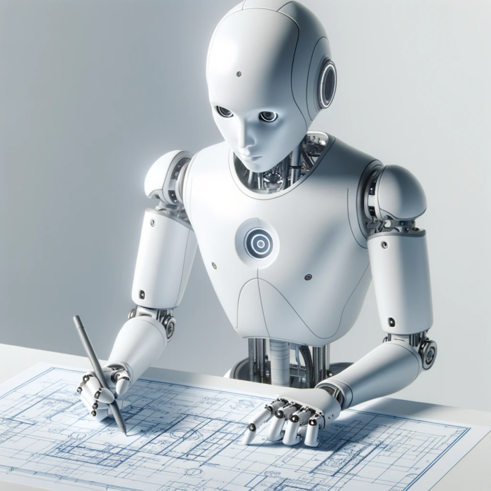 Bilde av en robot som tegner en byggeplan.