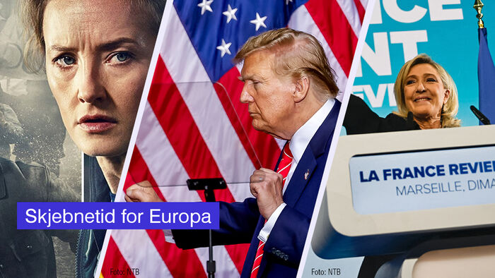 Collage med bilder fra filmen Furia, Donald Trump foran et amerikansk flagg og Marine Le Pen