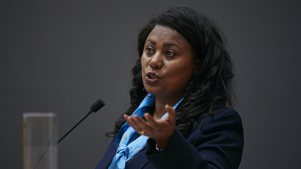 Picture of Hirut talking at a conference. She is wearing a light blue shirt and a black blazer.