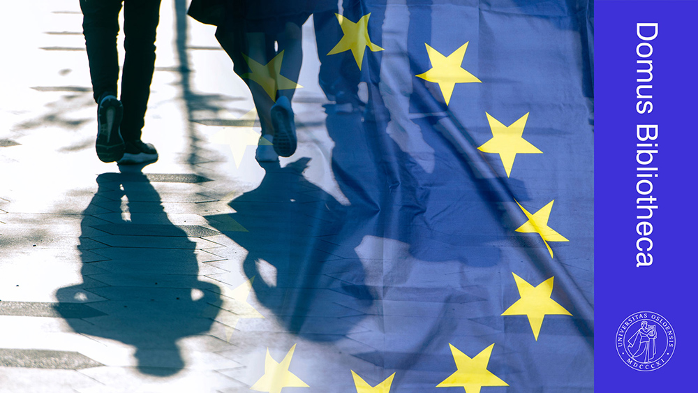 Collage med EU-flagg og bena til mennesker som går